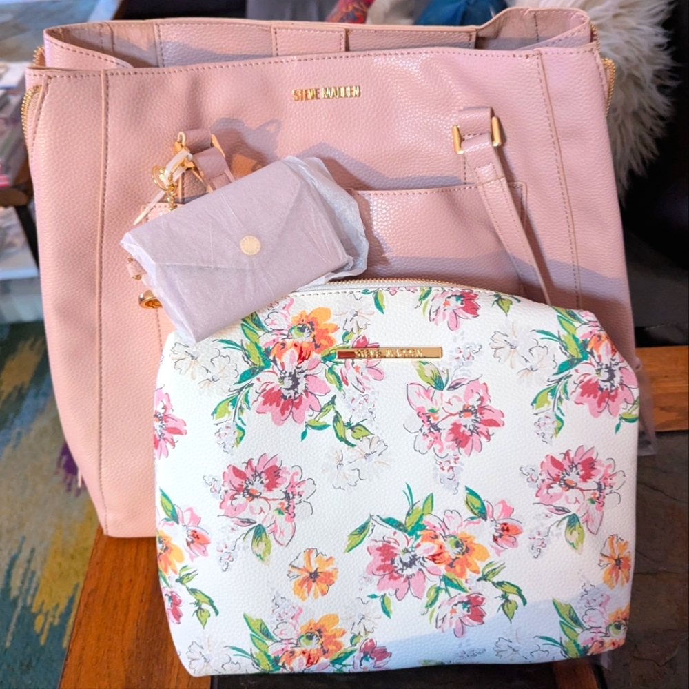 New Steve Madden Tote Bag Set w/ Crossbody Purse And Mini Wallet Keychain